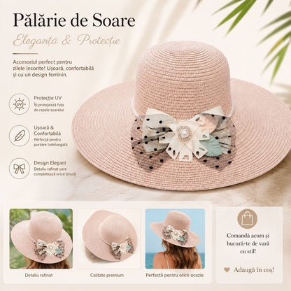 Palarie de Soare pentru Femei, Roz Pudrat, cu Funda Eleganta