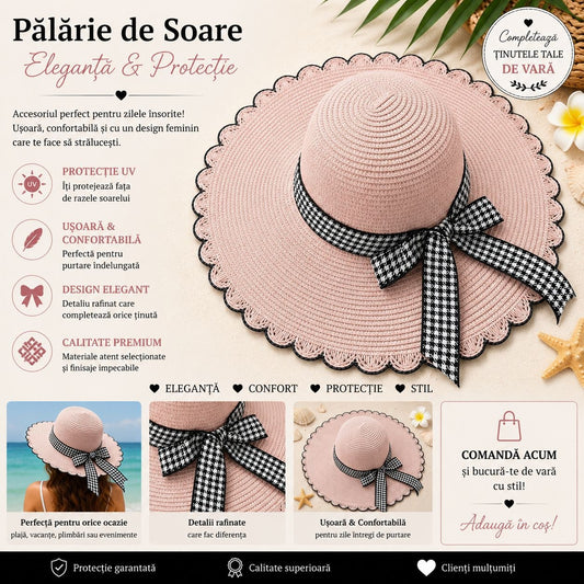 Palarie de Soare pentru Femei Roz Pudrat cu Fundita Eleganta – Model Chic de Vara