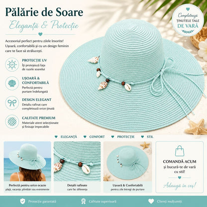 Palarie de Soare pentru Femei, Turcoaz, cu Scoici si Fundita, Boruri Largi, Eleganta pentru Vara