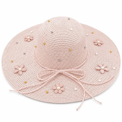 Palarie de Soare Roz Eleganta cu Flori Decorative pentru Plaja si Vacante