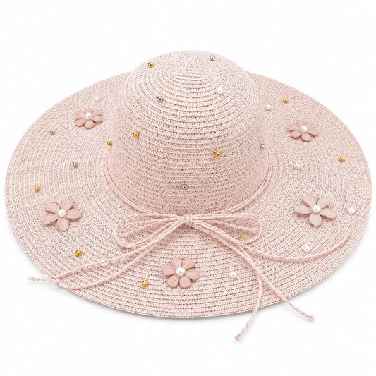 Palarie de Soare Roz Eleganta cu Flori Decorative pentru Plaja si Vacante