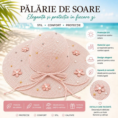Palarie de Soare Roz Eleganta cu Flori Decorative pentru Plaja si Vacante