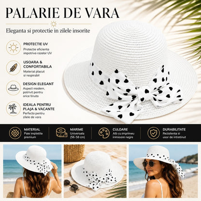 Palarie de Vara Alba cu Fundita si Model Inimioare Negre pentru Plaja si Vacanta