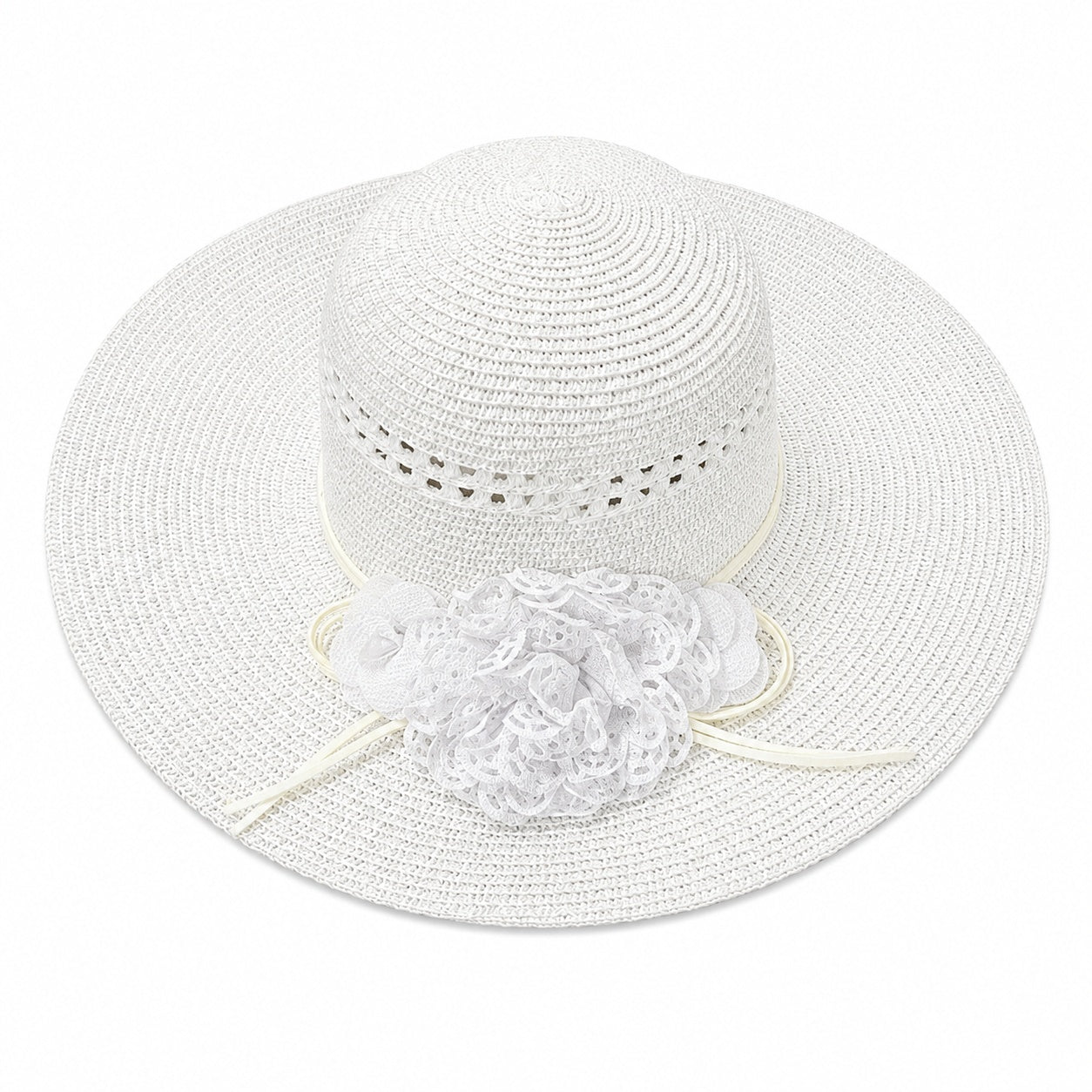 Palarie de vara alba eleganta cu floare decorativa pentru plaja si tinute feminine