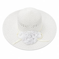 Palarie de vara alba eleganta cu floare decorativa pentru plaja si tinute feminine