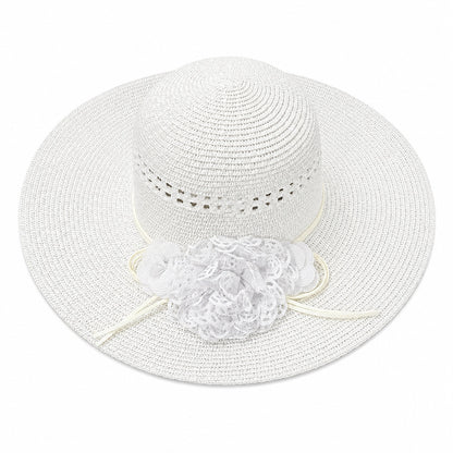 Palarie de vara alba eleganta cu floare decorativa pentru plaja si tinute feminine