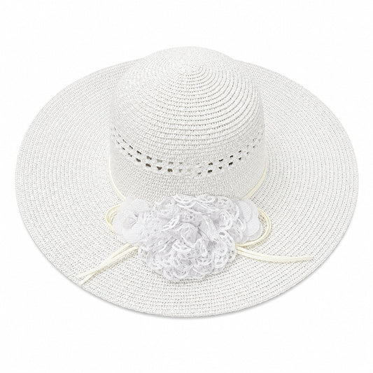 Palarie de vara alba eleganta cu floare decorativa pentru plaja si tinute feminine