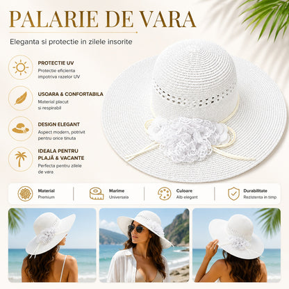 Palarie de vara alba eleganta cu floare decorativa pentru plaja si tinute feminine