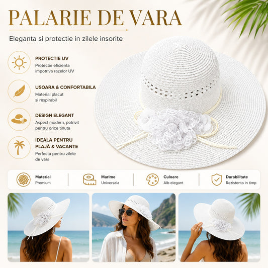 Palarie de vara alba eleganta cu floare decorativa pentru plaja si tinute feminine