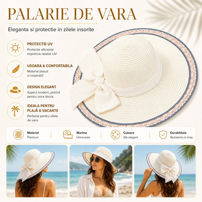 Palarie de vara alba eleganta cu funda decorativa pentru plaja si vacante