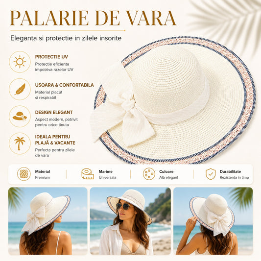 Palarie de vara alba eleganta cu funda decorativa pentru plaja si vacante