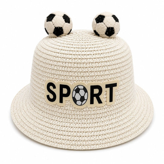 Palarie de Vara Alba Sport pentru Copii, cu Design Minge Fotbal si Protectie UV