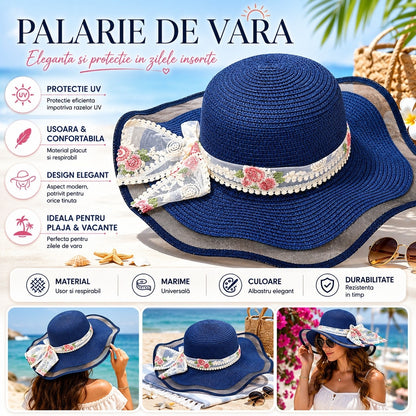 Palarie de Vara Albastru Navy pentru Femei cu Fundita Florala si Bor Ondulat