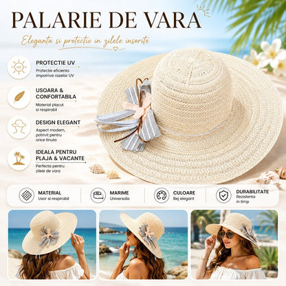 Palarie de Vara Bej cu Bor Larg si Fundita Decorativa pentru Femei Elegante
