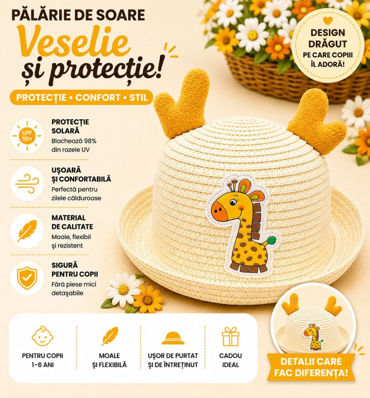 Palarie de Vara Bej Deschis pentru Copii cu Girafa, Protectie UV si Design Vesel