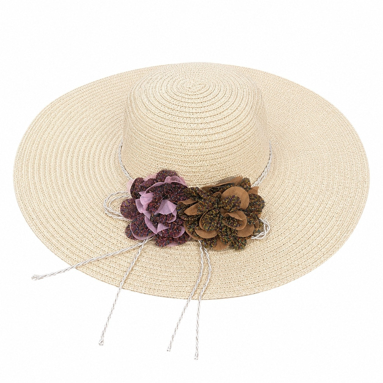 Palarie de Vara Bej pentru Femei cu Aplicatii Florale Elegante si Bor Larg