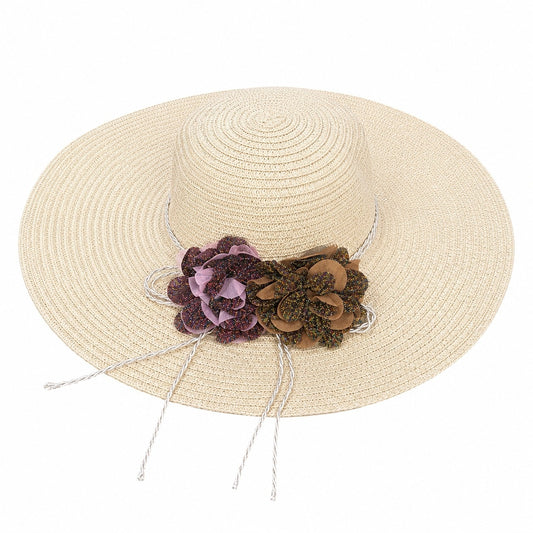 Palarie de Vara Bej pentru Femei cu Aplicatii Florale Elegante si Bor Larg