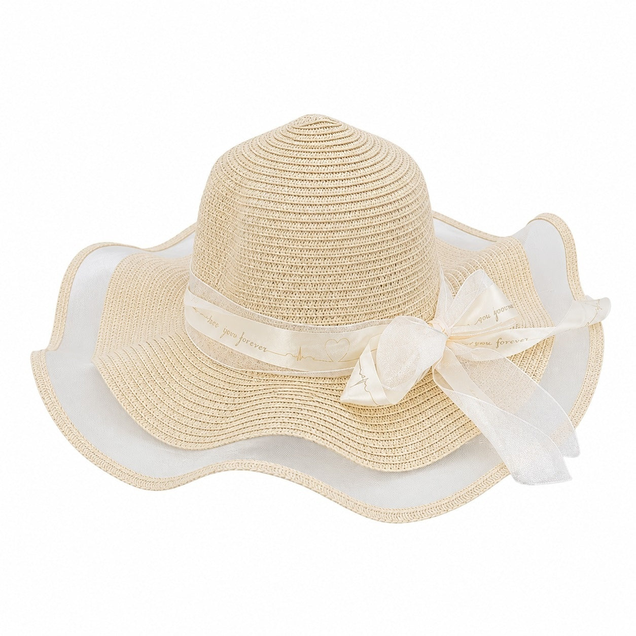 Palarie de Vara Bej pentru Femei, cu Bor Ondulat, Fundita Eleganta si Protectie UV