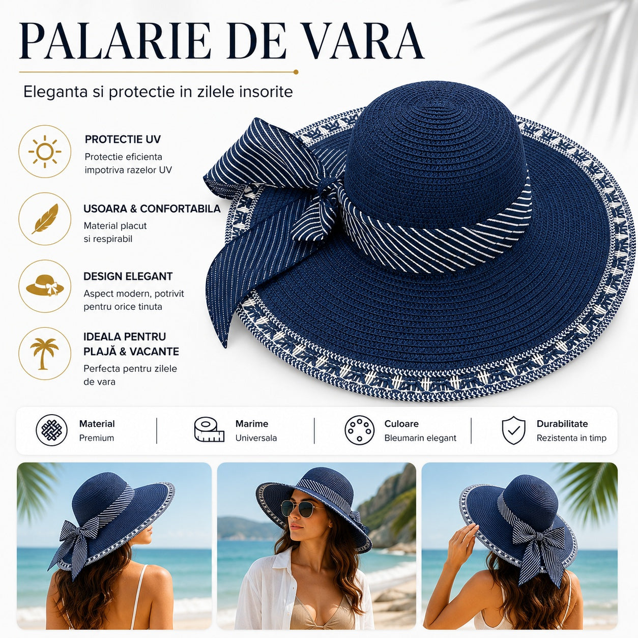 Palarie de vara bleumarin eleganta cu funda decorativa pentru plaja si vacante