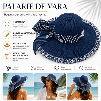 Palarie de vara bleumarin eleganta cu funda decorativa pentru plaja si vacante