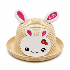 Palarie de Vara Crem cu Iepuras Roz pentru Copii, Protectie UV si Design Adorabil