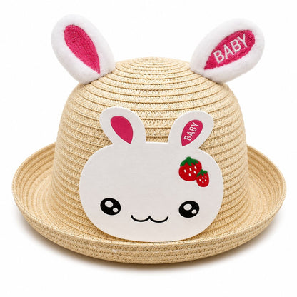 Palarie de Vara Crem cu Iepuras Roz pentru Copii, Protectie UV si Design Adorabil