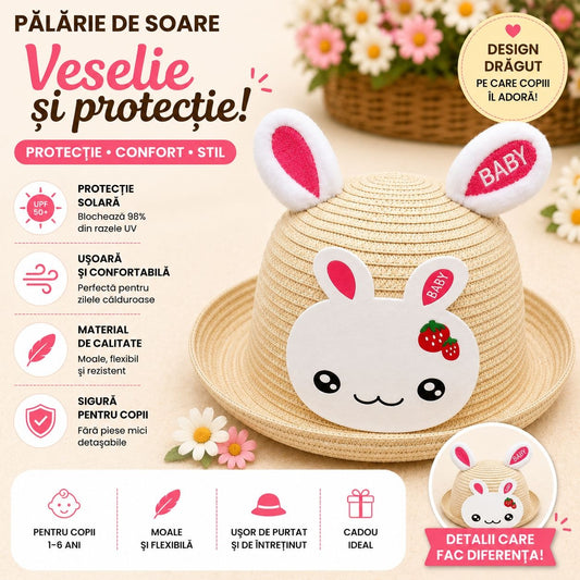 Palarie de Vara Crem cu Iepuras Roz pentru Copii, Protectie UV si Design Adorabil