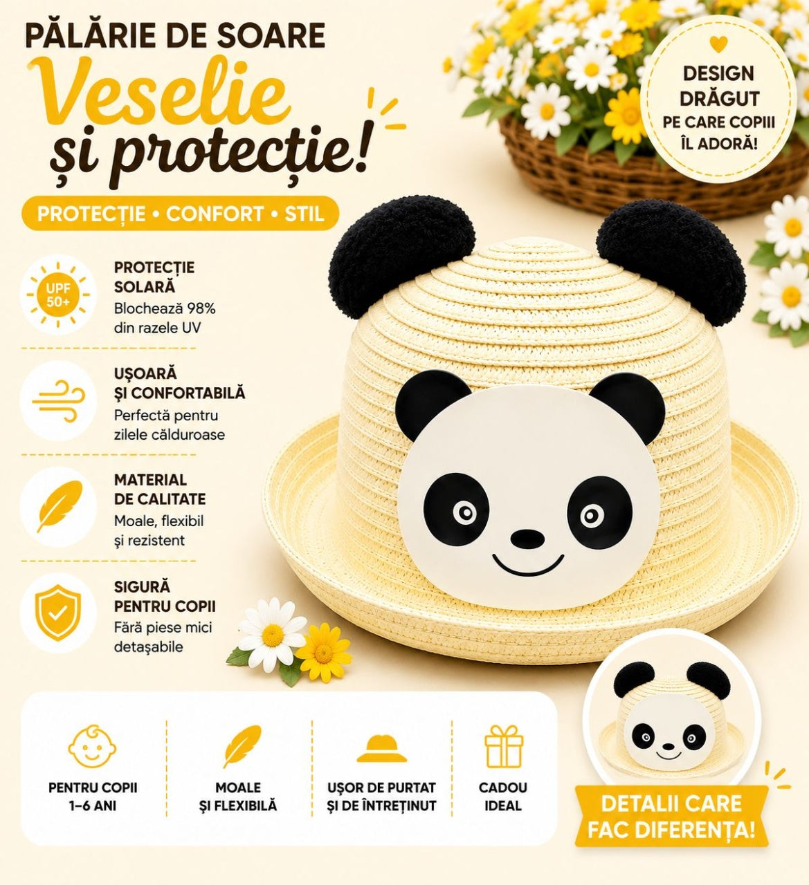 Palarie de Vara Crem cu Panda pentru Copii, Protectie UV si Design Jucaus