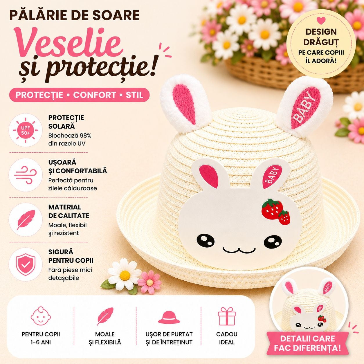 Palarie de Vara Crem Deschis cu Iepuras Roz pentru Copii, Protectie UV si Design Dragut