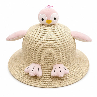 Palarie de Vara Crem pentru Copii, cu Design Pinguin Roz si Protectie UV