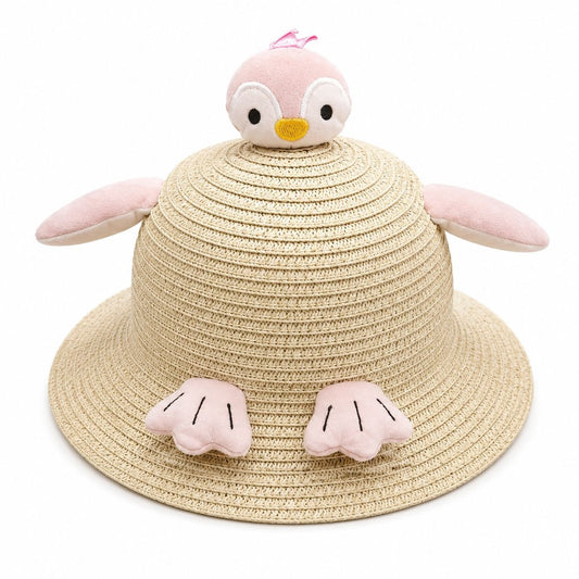 Palarie de Vara Crem pentru Copii, cu Design Pinguin Roz si Protectie UV