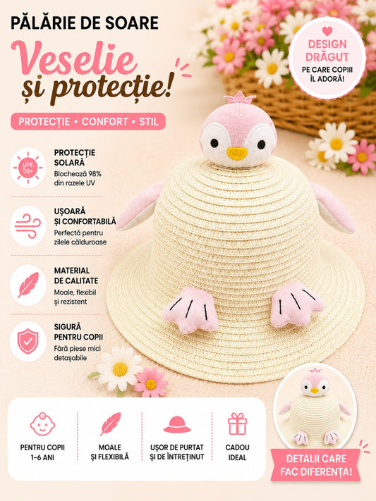 Palarie de Vara Crem pentru Copii, cu Design Pinguin si Protectie UV