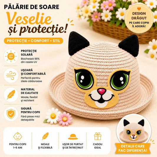 Palarie de Vara Crem pentru Copii, cu Design Pisicuta si Protectie UV