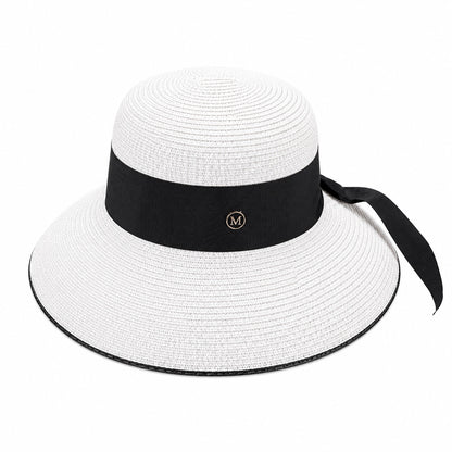 Palarie de vara dama alba cu banda neagra eleganta si protectie UV pentru plaja