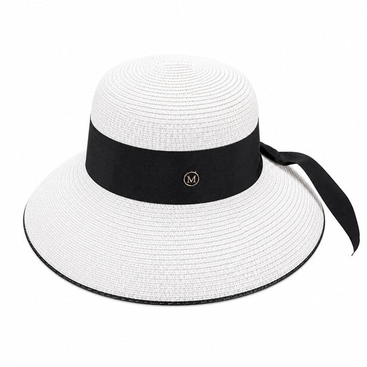Palarie de vara dama alba cu banda neagra eleganta si protectie UV pentru plaja