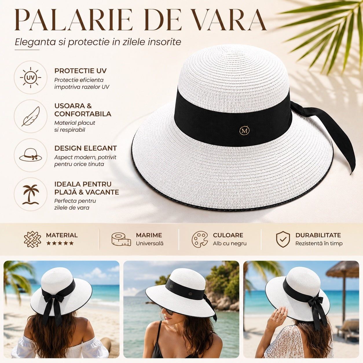 Palarie de vara dama alba cu banda neagra eleganta si protectie UV pentru plaja