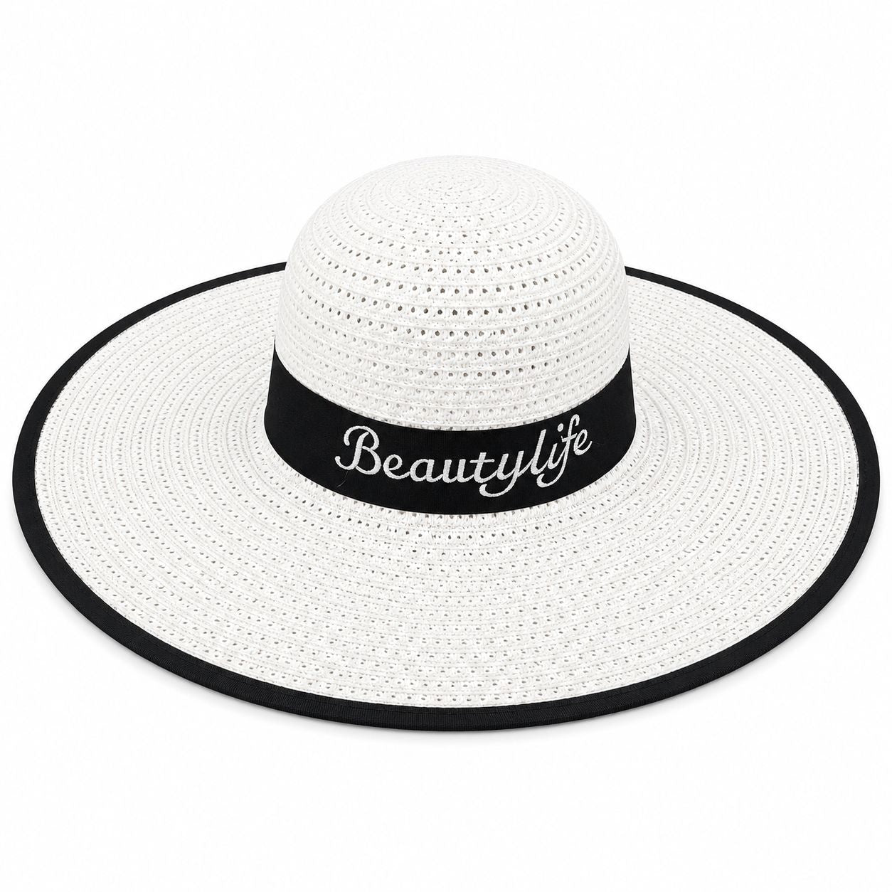 Palarie de vara dama alba cu banda neagra si protectie UV pentru plaja