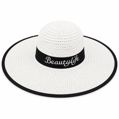 Palarie de vara dama alba cu banda neagra si protectie UV pentru plaja