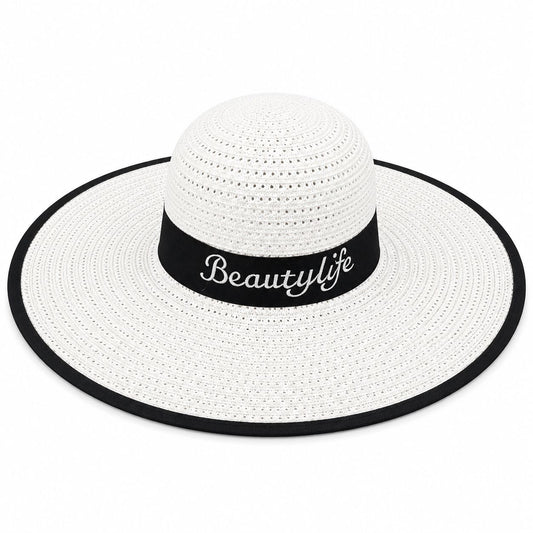 Palarie de vara dama alba cu banda neagra si protectie UV pentru plaja