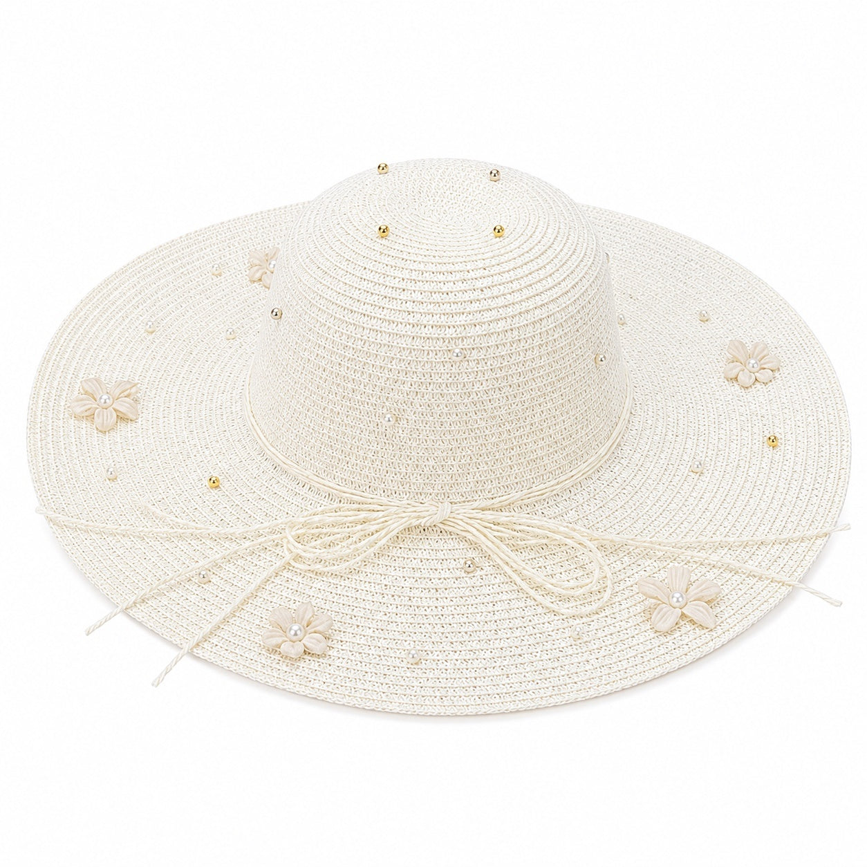 Palarie de vara dama alba cu flori decorative si perlute elegante pentru plaja si vacanta