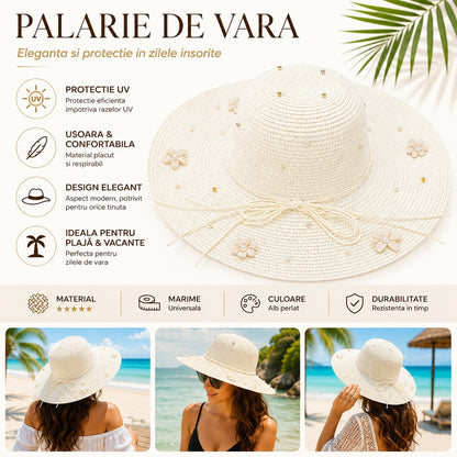 Palarie de vara dama alba cu flori decorative si perlute elegante pentru plaja si vacanta