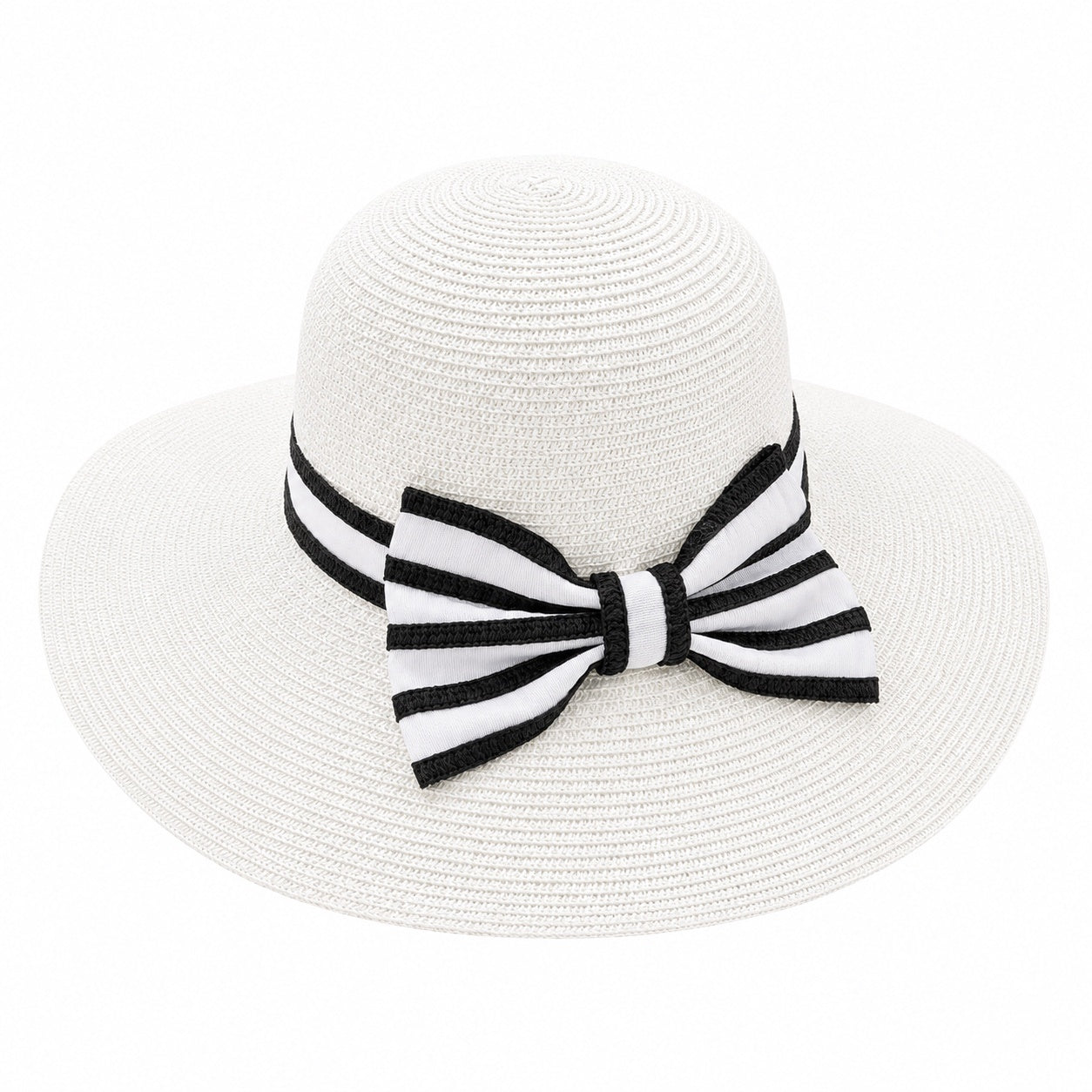 Palarie de vara dama alba cu funda eleganta in contrast pentru plaja si protectie UV