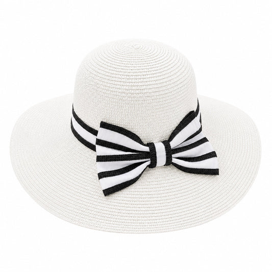 Palarie de vara dama alba cu funda eleganta in contrast pentru plaja si protectie UV