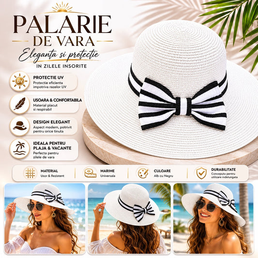 Palarie de vara dama alba cu funda eleganta in contrast pentru plaja si protectie UV