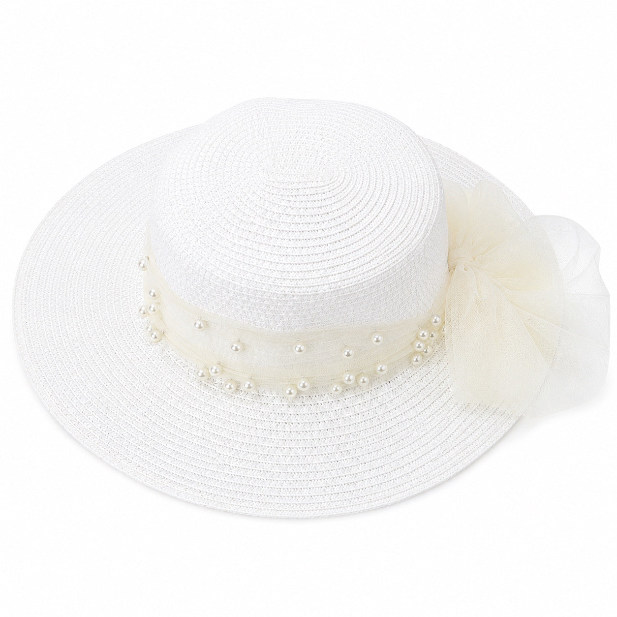 Palarie de vara dama alba eleganta cu perle decorative si funda pentru plaja si vacanta