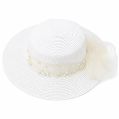 Palarie de vara dama alba eleganta cu perle decorative si funda pentru plaja si vacanta