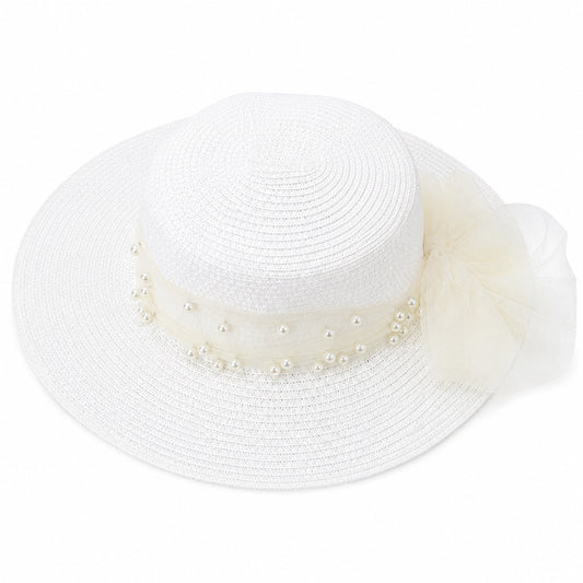 Palarie de vara dama alba eleganta cu perle decorative si funda pentru plaja si vacanta