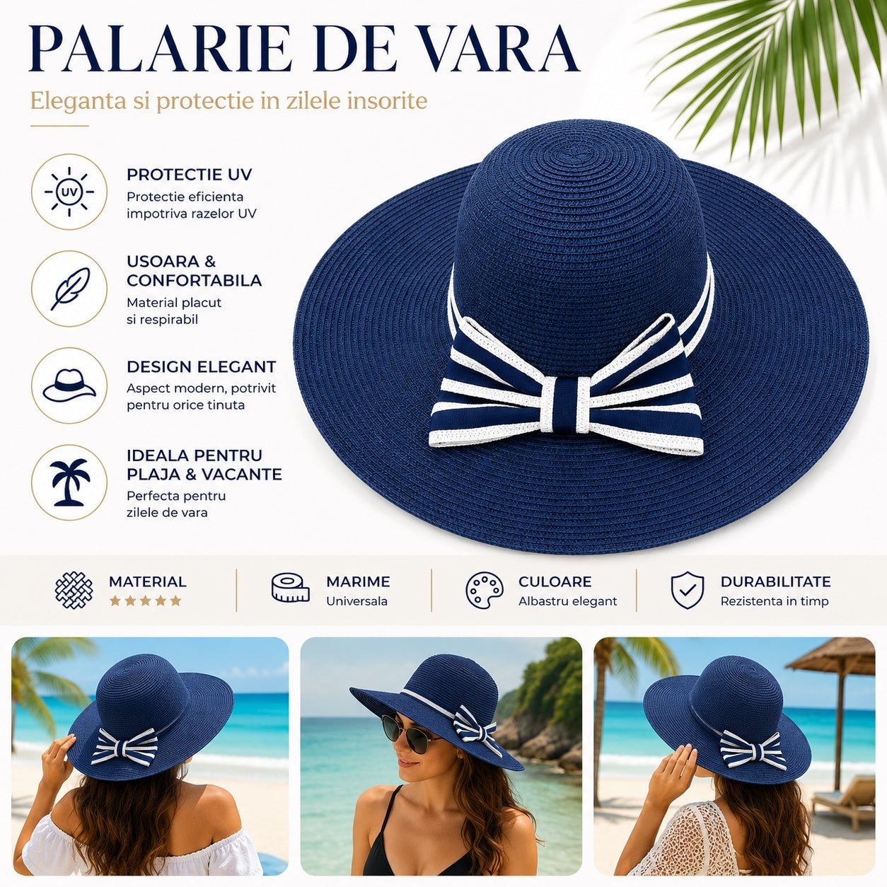 Palarie de vara dama albastru elegant cu funda decorativa si protectie UV pentru plaja