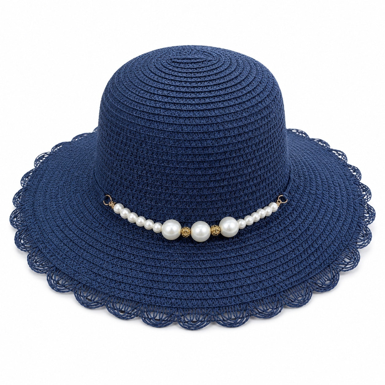 Palarie de vara dama albastru inchis cu perlute decorative si protectie UV eleganta
