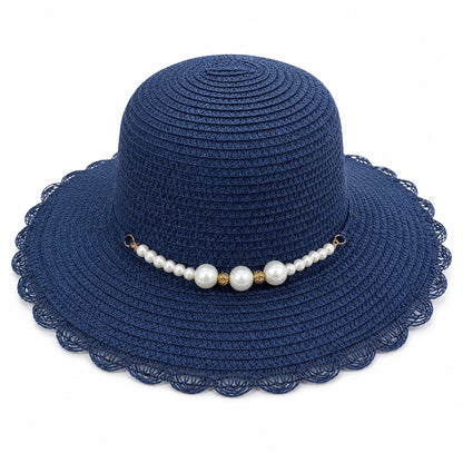 Palarie de vara dama albastru inchis cu perlute decorative si protectie UV eleganta